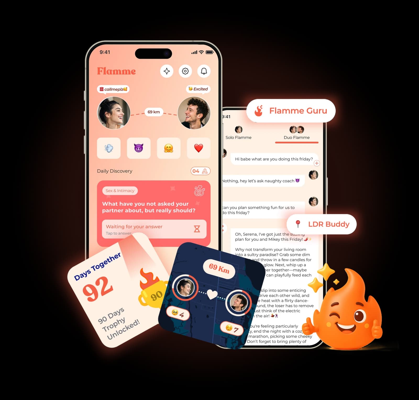 The Flamme app - daily discovery questions, the Flamme Guru AI love coach, and long-distance connection widgets