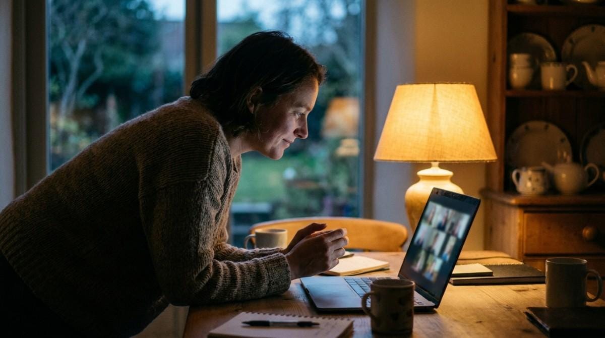 Woman leaning toward a laptop during an evening video call at a cozy home workspace.