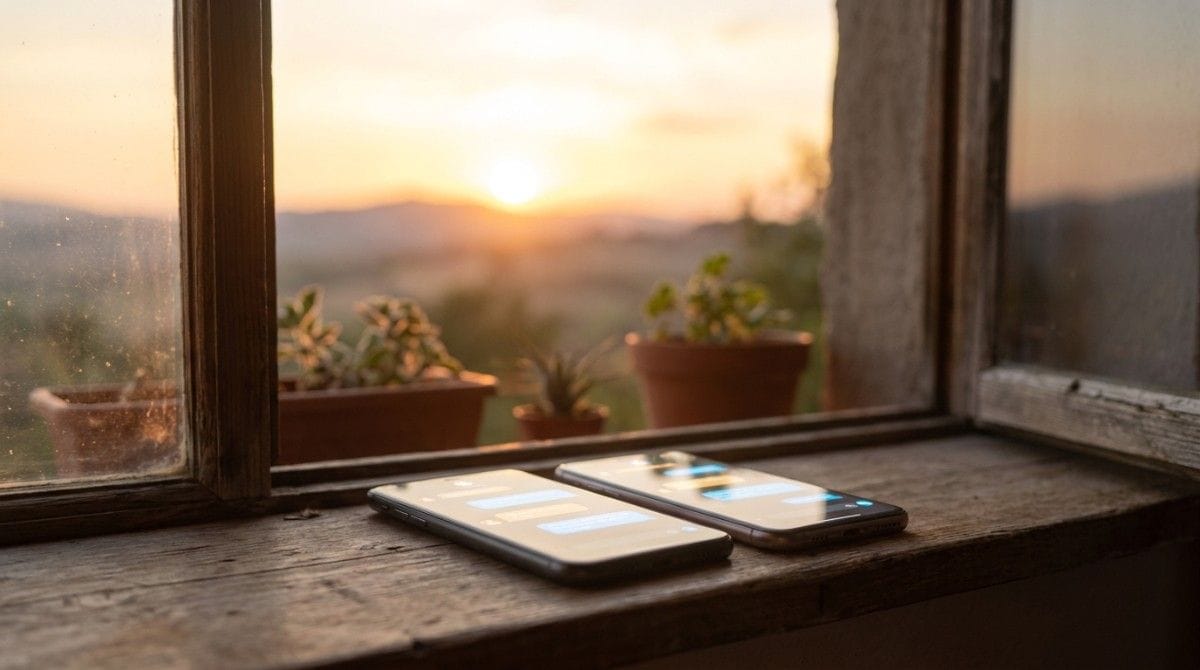 Two smartphones displaying text conversations on a windowsill at sunrise.
