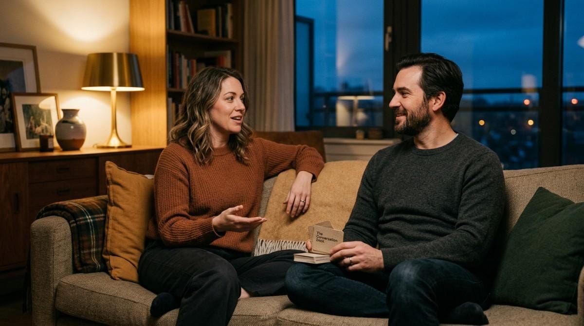 Couple sitting on a sofa talking while holding a deck of conversation cards.