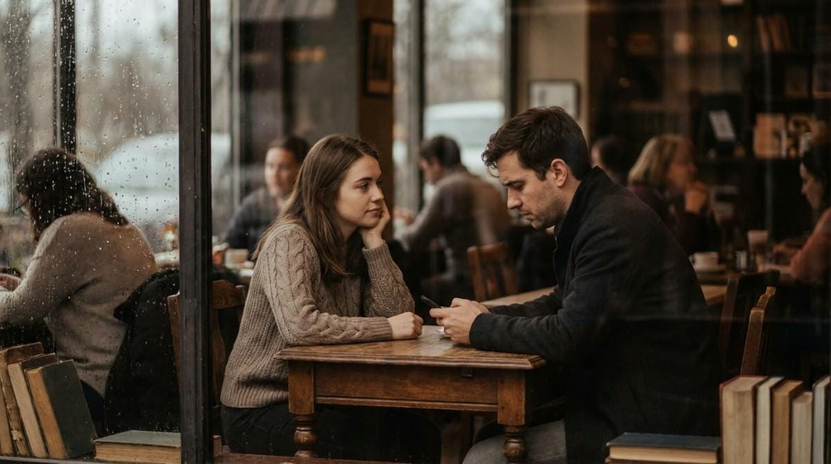 Couple sitting at a café table while one person looks at a phone during conversation.
