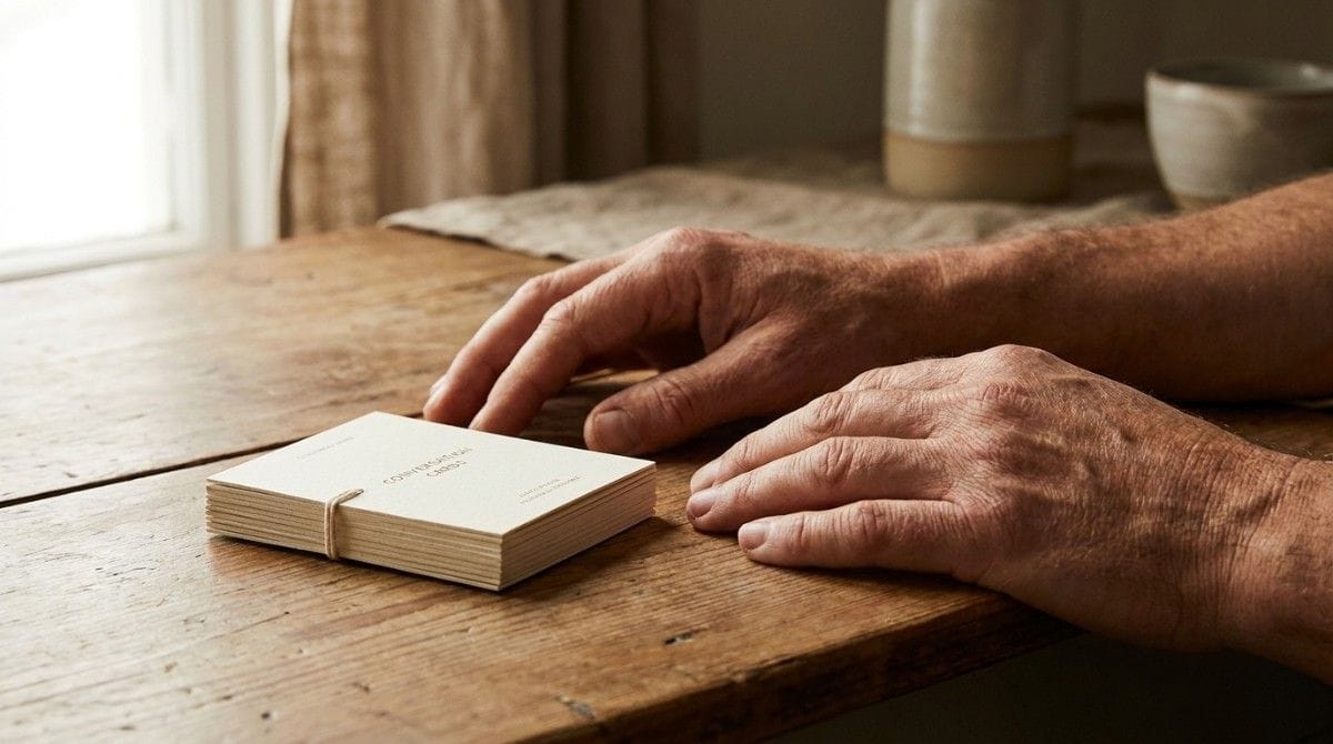 Hands resting near a deck of conversation prompt cards on a wooden table.