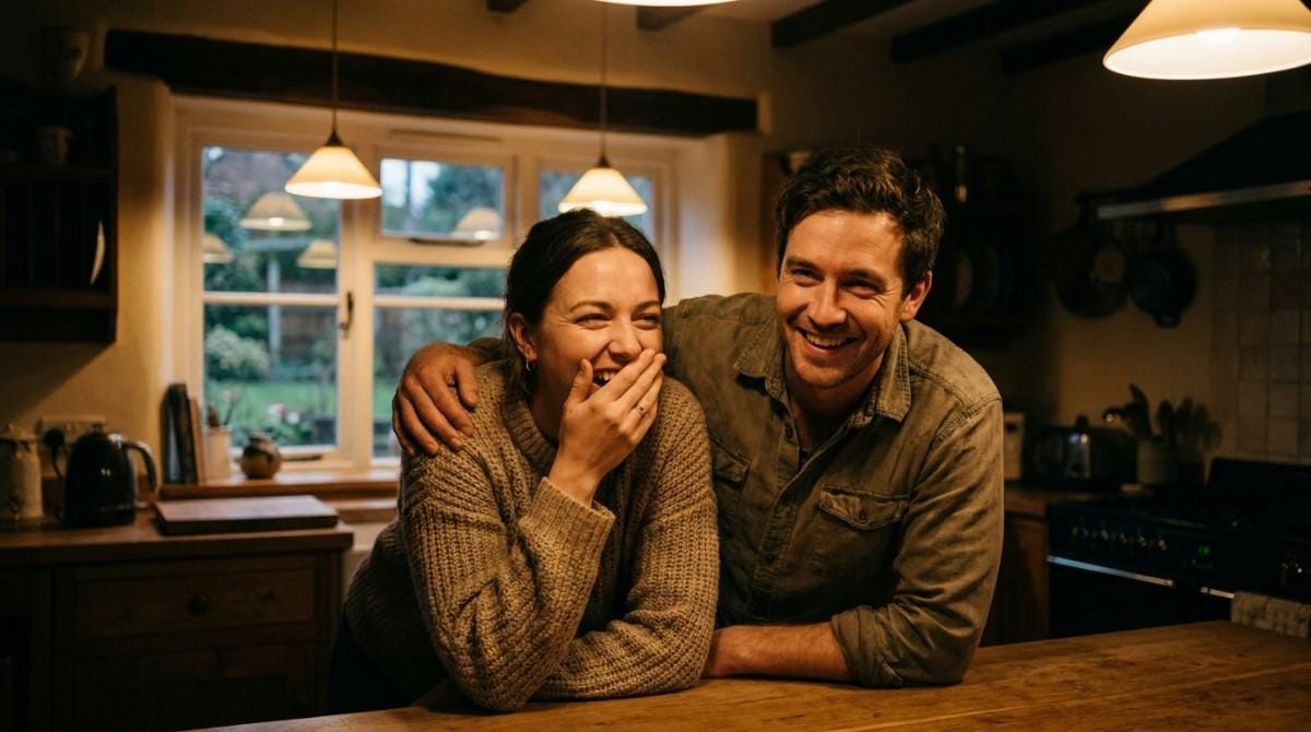 Couple laughing together in a warm kitchen while leaning on a countertop.