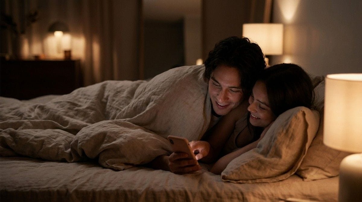 Couple lying in bed together smiling while looking at a smartphone