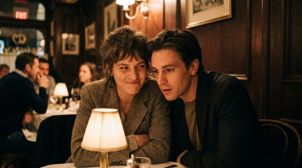 Couple sitting close together at a cozy restaurant and sharing a quiet moment.