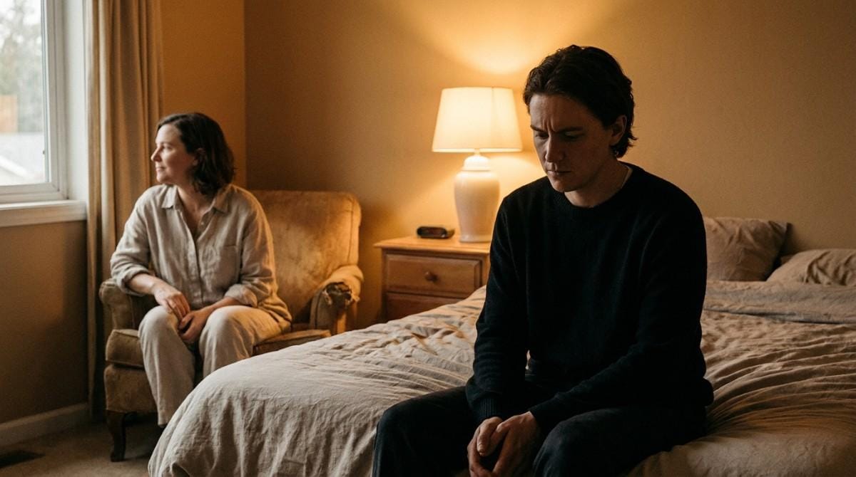 Couple sitting apart in a bedroom, appearing emotionally distant during a difficult moment.