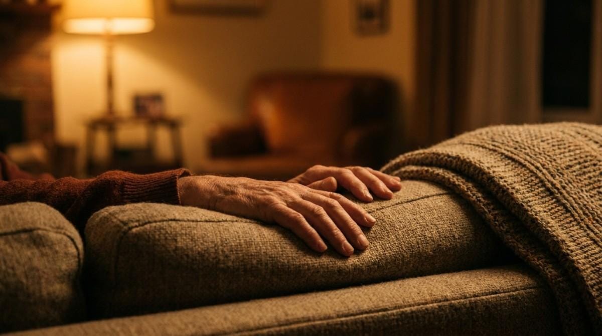 Couple holding hands on a sofa in a warmly lit living room.