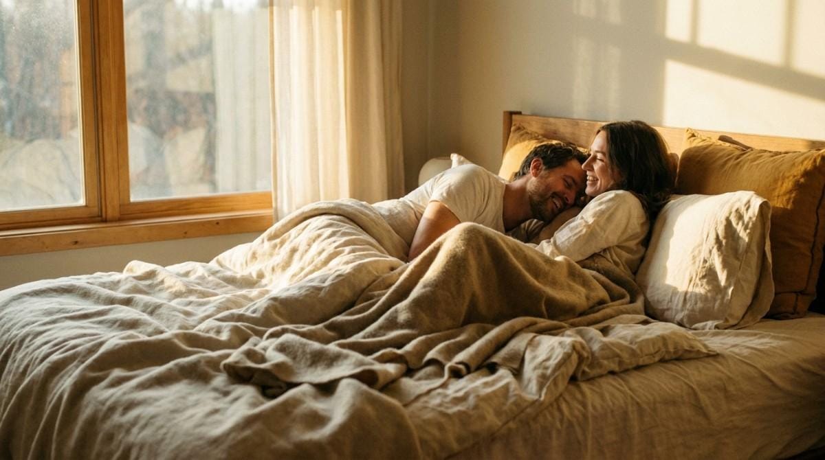 Couple relaxing together in bed, smiling and sharing a warm intimate moment.