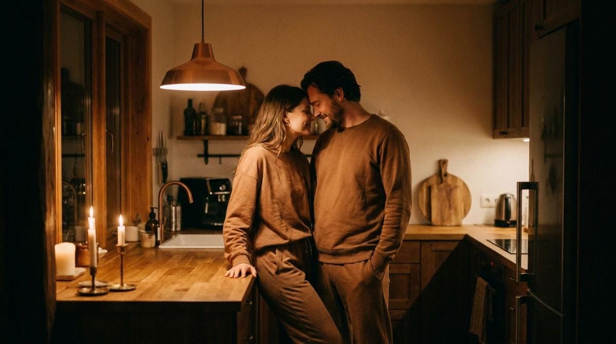 Couple standing close together in a cozy kitchen, smiling and touching foreheads.