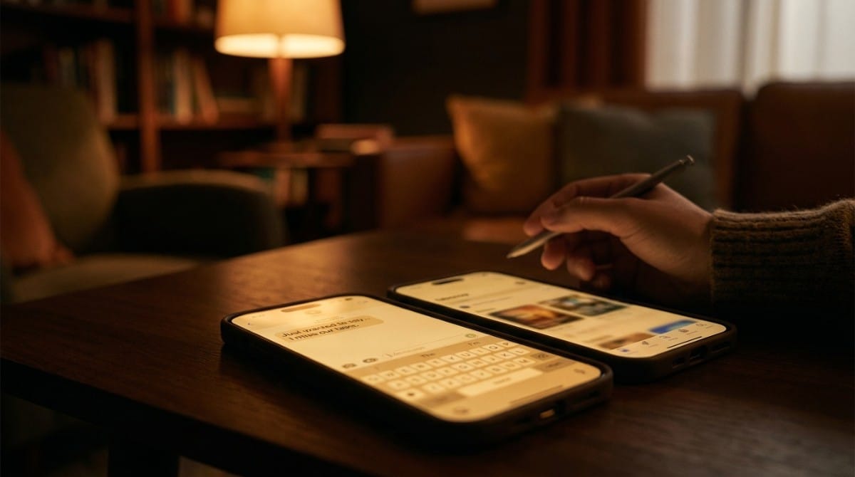 Two smartphones showing a text conversation on a wooden table.