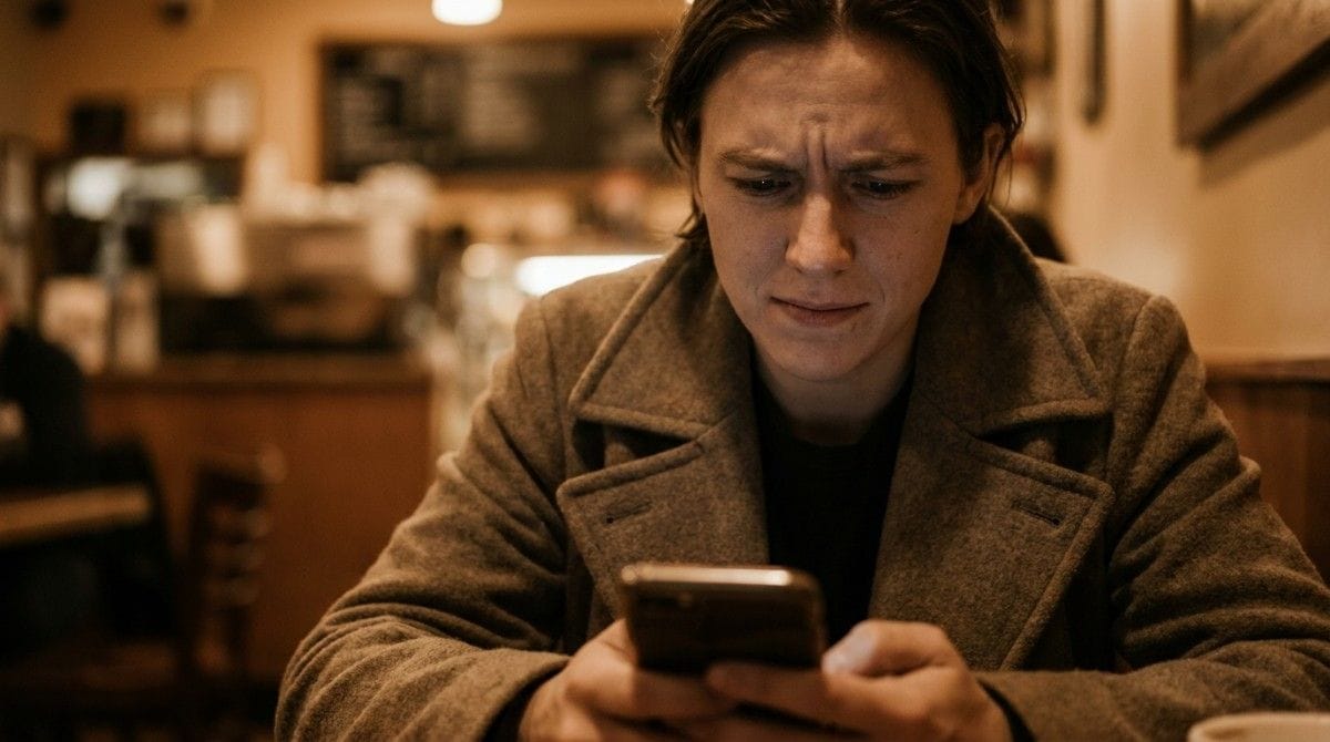 Man looking thoughtfully at his smartphone while sitting indoors.
