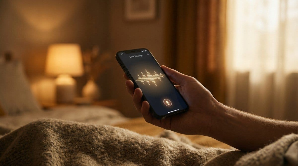 Person holding a smartphone with a voice message recording screen.