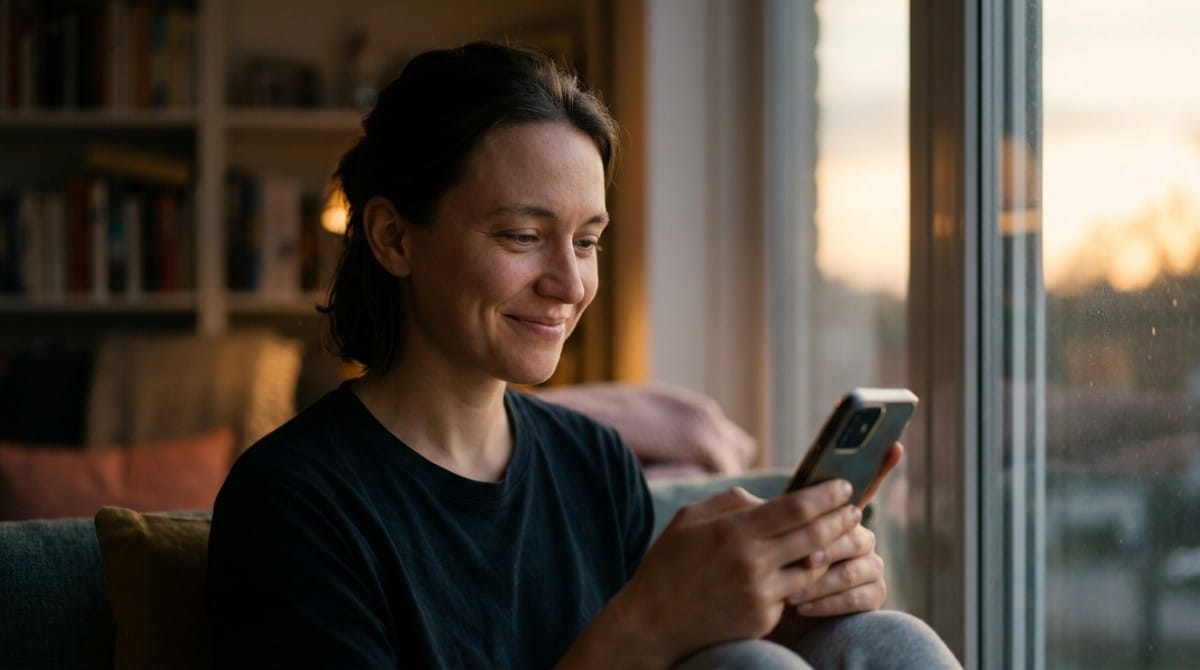 Woman smiling at her smartphone while sitting near a window at home.