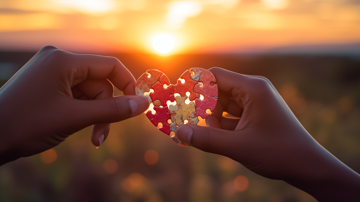 Intertwined hands forming heart shape during sunset, symbolizing strong relationship bond and connection.