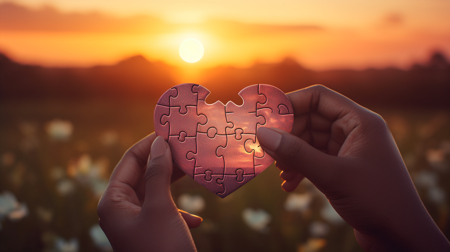 Intertwined hands forming heart shape during sunset, symbolizing strong relationship bond and connection.