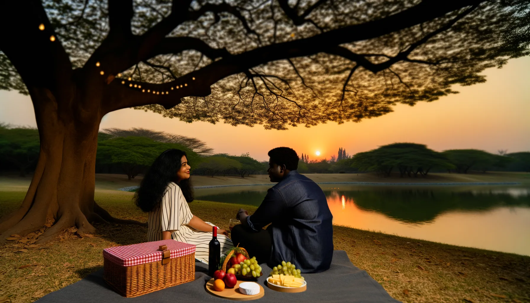 Couple having an affordable date next to a lake in Delhi