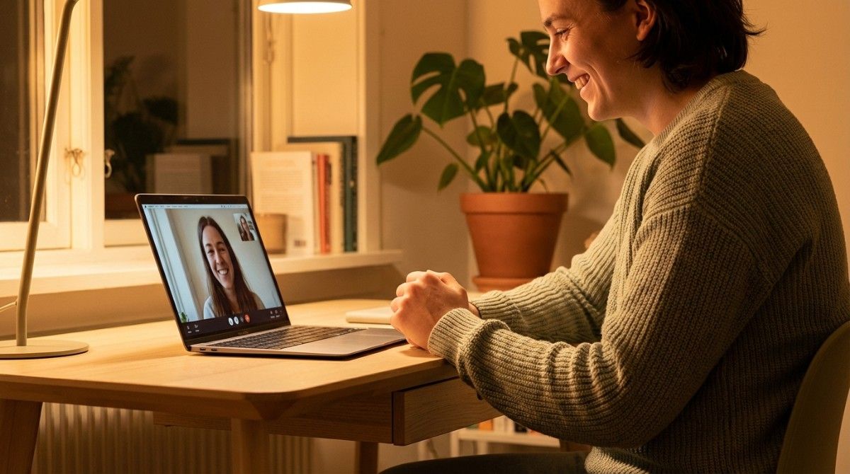 Woman sitting at desk smiling during a video call on laptop in a warmly lit home workspace.