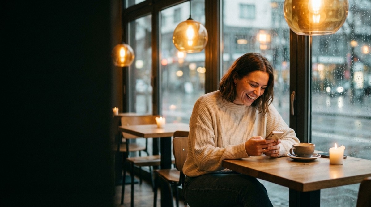 Woman smiling at phone in cozy café with warm lighting and coffee