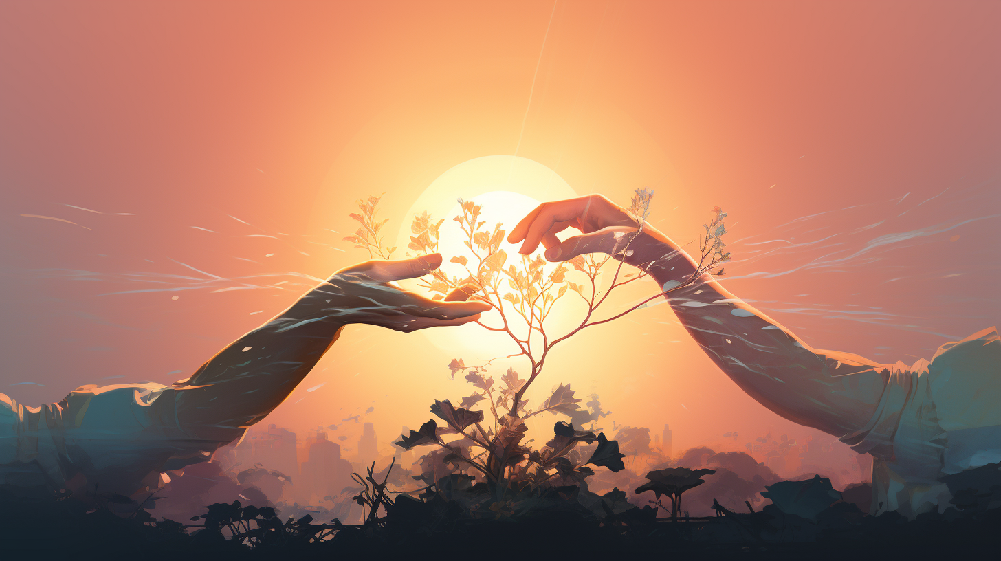 Two hands reaching for each other, separated by a small flourishing plant, symbolizing the balance between independence and intimacy in relationships.