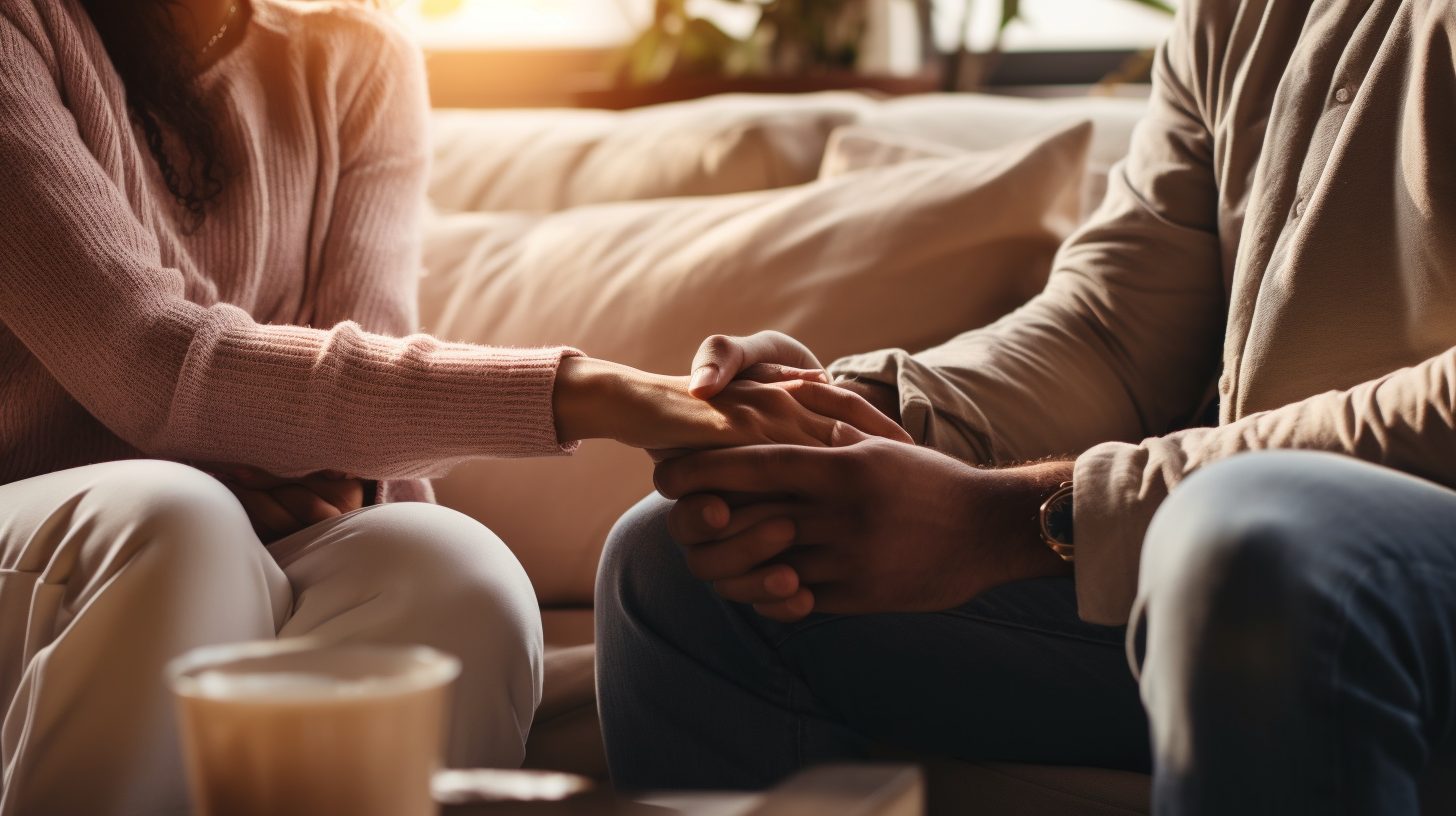 Diverse couple reconnecting on a couch with therapy tools, symbolizing hope and the transformative power of couples therapy.
