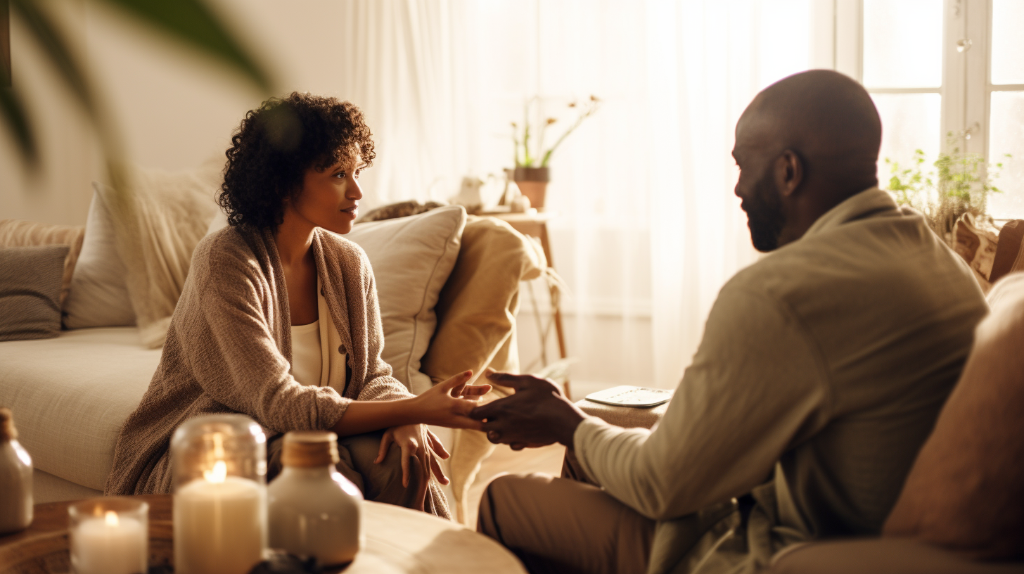 Diverse couple reconnecting on a couch with therapy tools, symbolizing hope and the transformative power of couples therapy.