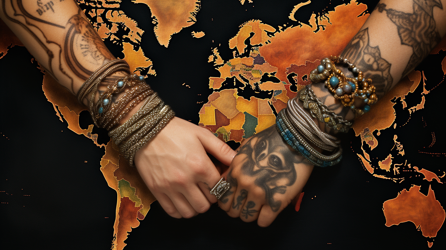 Intertwined hands with cultural accessories like henna tattoos and beaded bracelets against a world map background.