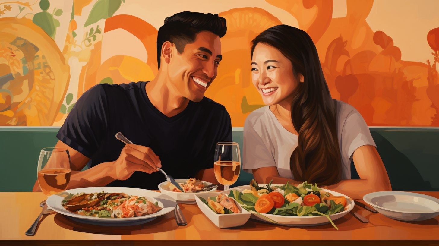 Multicultural couple enjoying a fusion dinner of sushi, pasta, curry, and tacos, raising a toast in the background.
