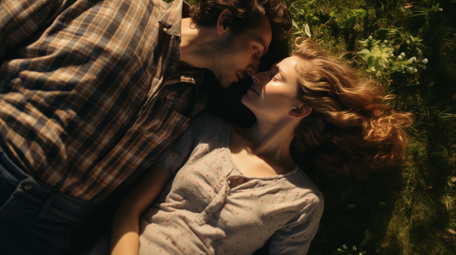 The image captures an overhead shot of a couple lying on a checkered picnic blanket, nestled in a grassy clearing amidst a forest. Their heads touch, forming a heart shape between them. They're holding hands above them, their fingers intertwined, casting a gentle shadow over their faces. In the space between them, they've laid out a simple spread: two wine glasses with sparkling cider, an old-school Polaroid camera, a bowl of strawberries, a worn-out book of love poems, and a single, lit candle in a lantern. The immediate background showcases dappled sunlight filtering through the tree canopies, creating an ethereal glow. Tiny fireflies hover around, their soft luminescence punctuating the image.