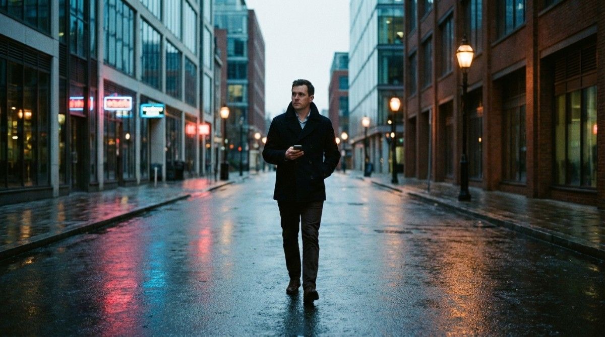 Man walking alone on an empty city street at dusk holding smartphone, reflecting urban loneliness and digital distraction.