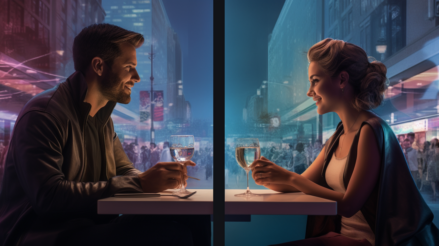 Vintage vs. Modern Dating: Classic diner date juxtaposed with a futuristic digital dating app interaction against a city skyline.