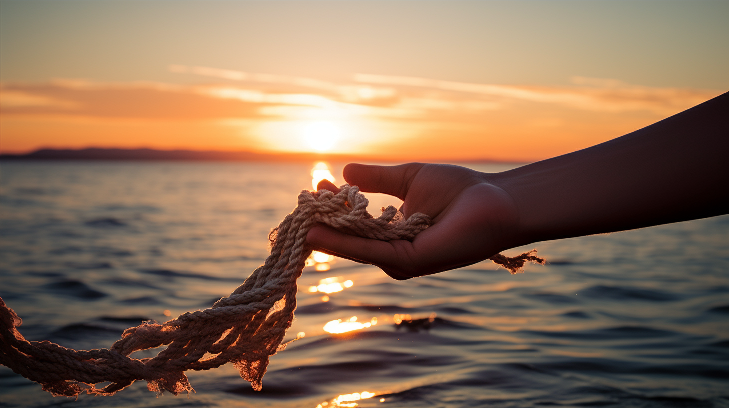 Hands holding a frayed rope over ocean sunrise, representing relationship anxiety and the hope of overcoming it