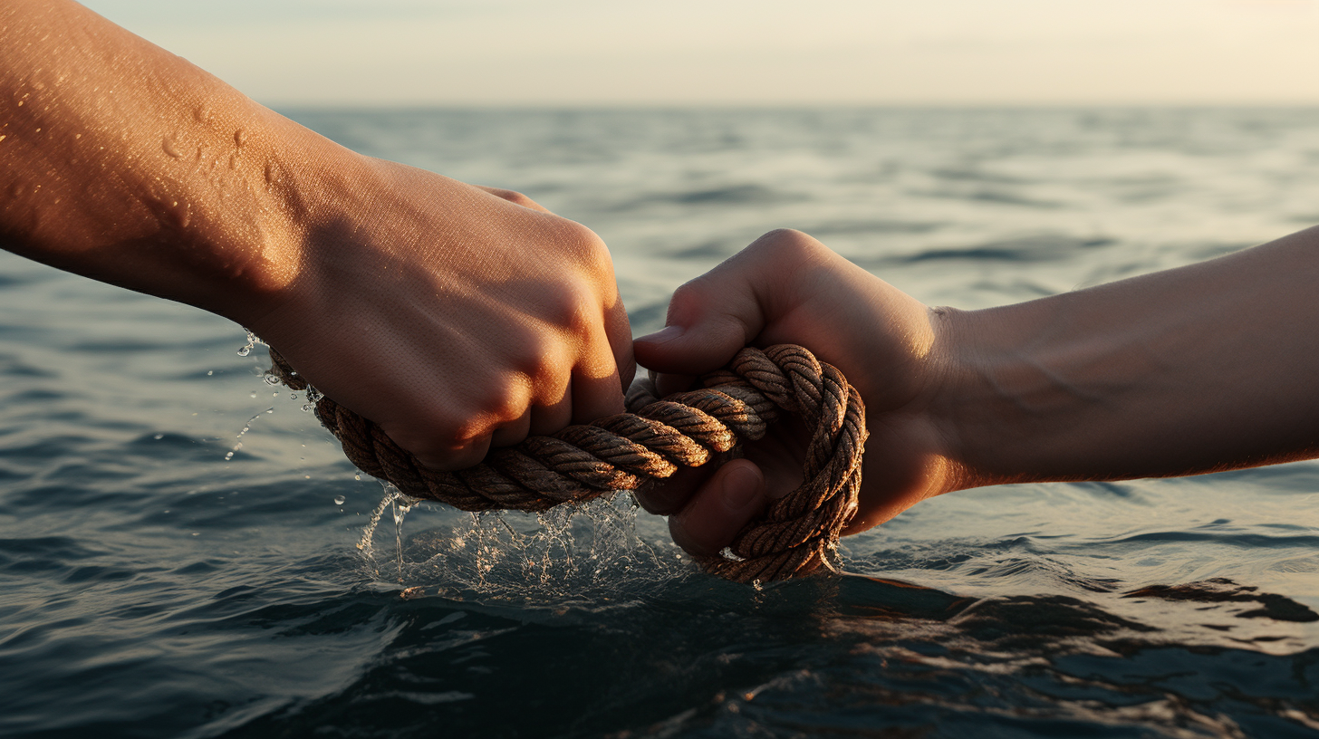 Hands holding a frayed rope over ocean sunrise, representing relationship anxiety and the hope of overcoming it