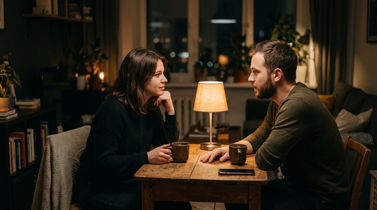 Couple having a serious face-to-face conversation at home focusing on meaningful questions instead of small talk