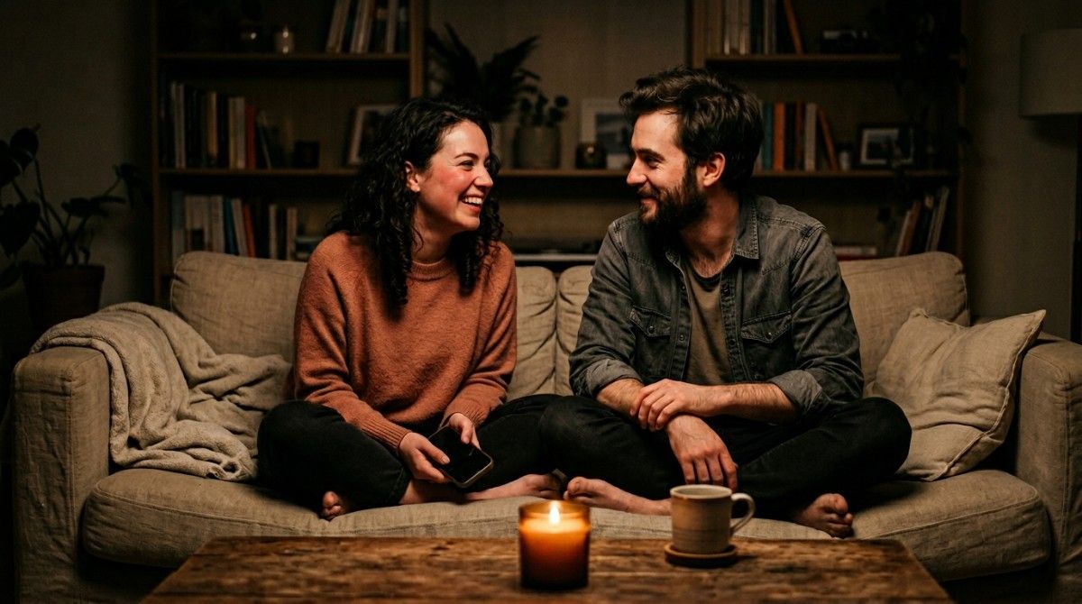 Couple sitting casually on couch smiling and chatting comfortably without deep or meaningful questions