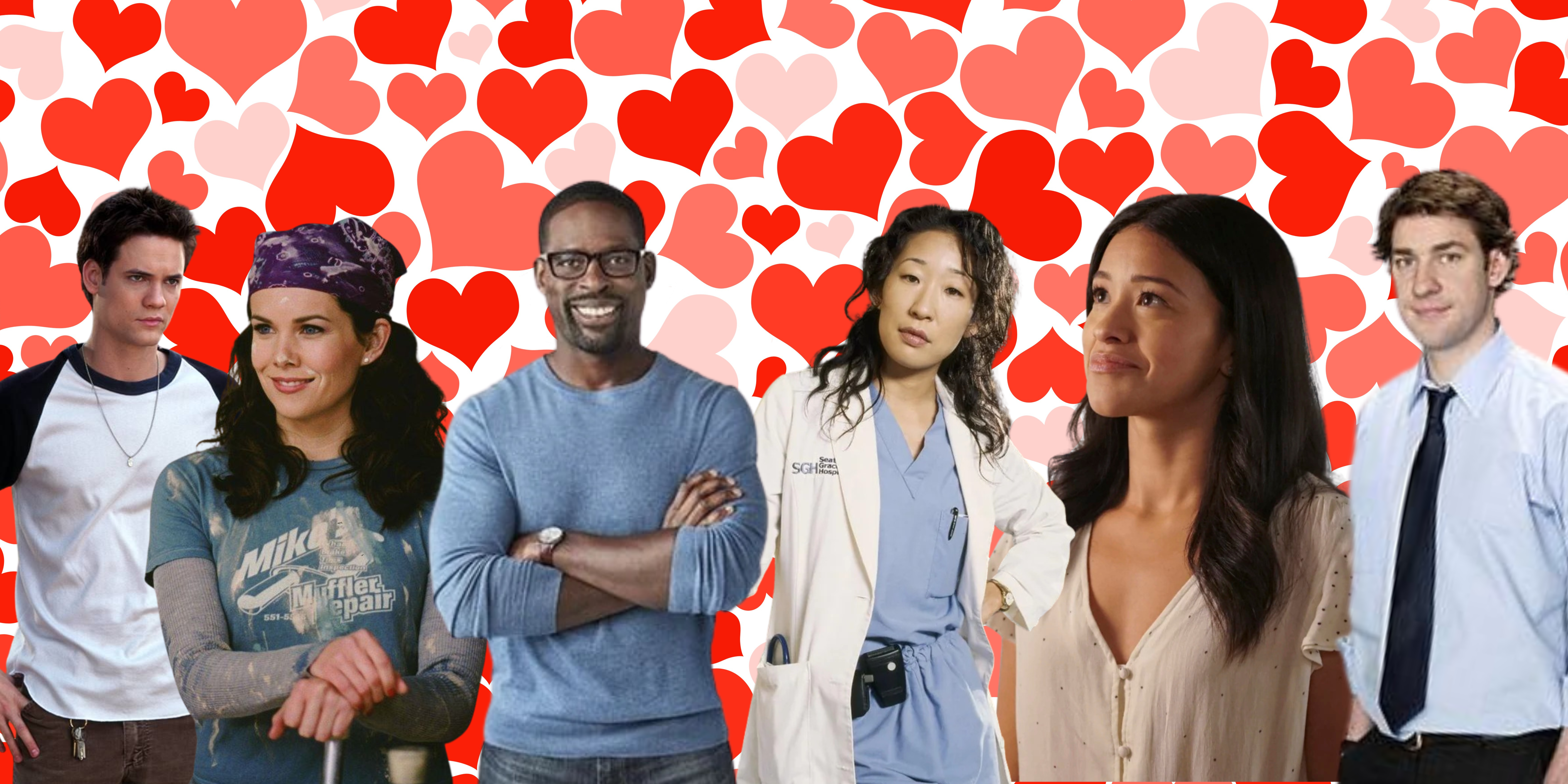 Characters from tv and movie shows, Landon Carter from A Walk to Remember, Lorelei Gilmore from Gilmore Girls, Randall Pearson from This Is Us, Christina Yang from Grey's Anatomy, Jane Villanueva from Jane the Virgin, and Jim Halpert from the Office.