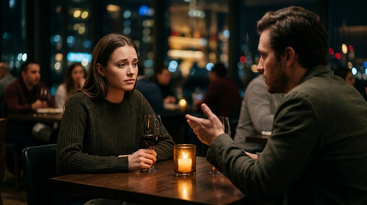 Man and woman sitting across each other at dinner with serious expressions, showing a difficult or shallow conversation