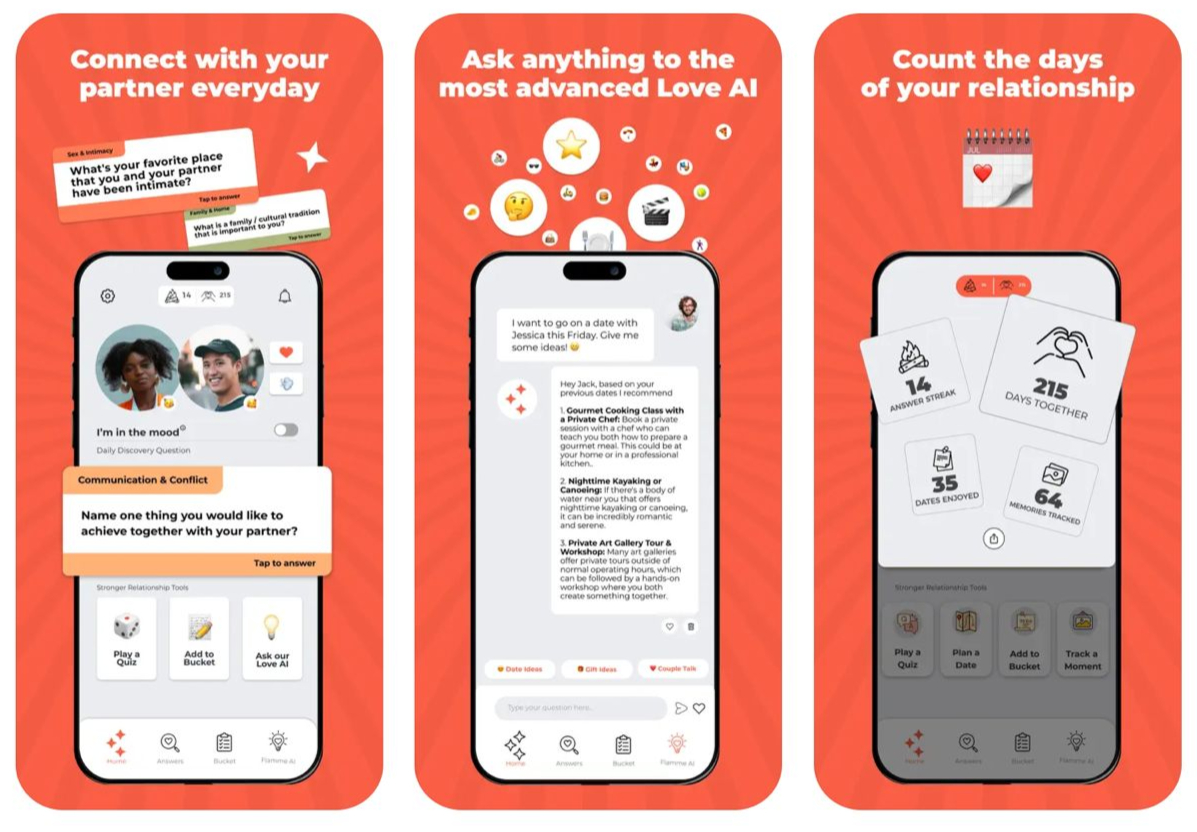 screenshots of flamme the couples app homepage