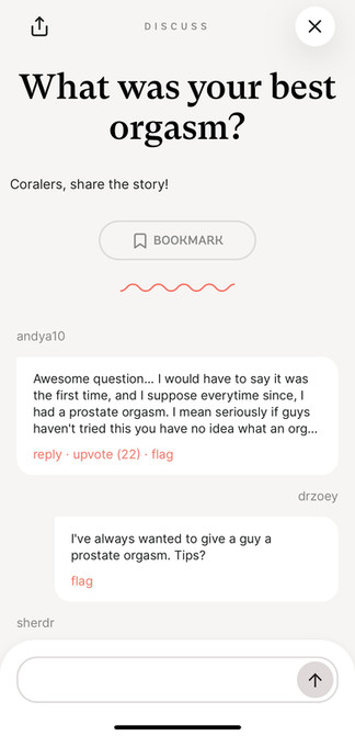 coral app with discussion board for sex questions such as best orgasm