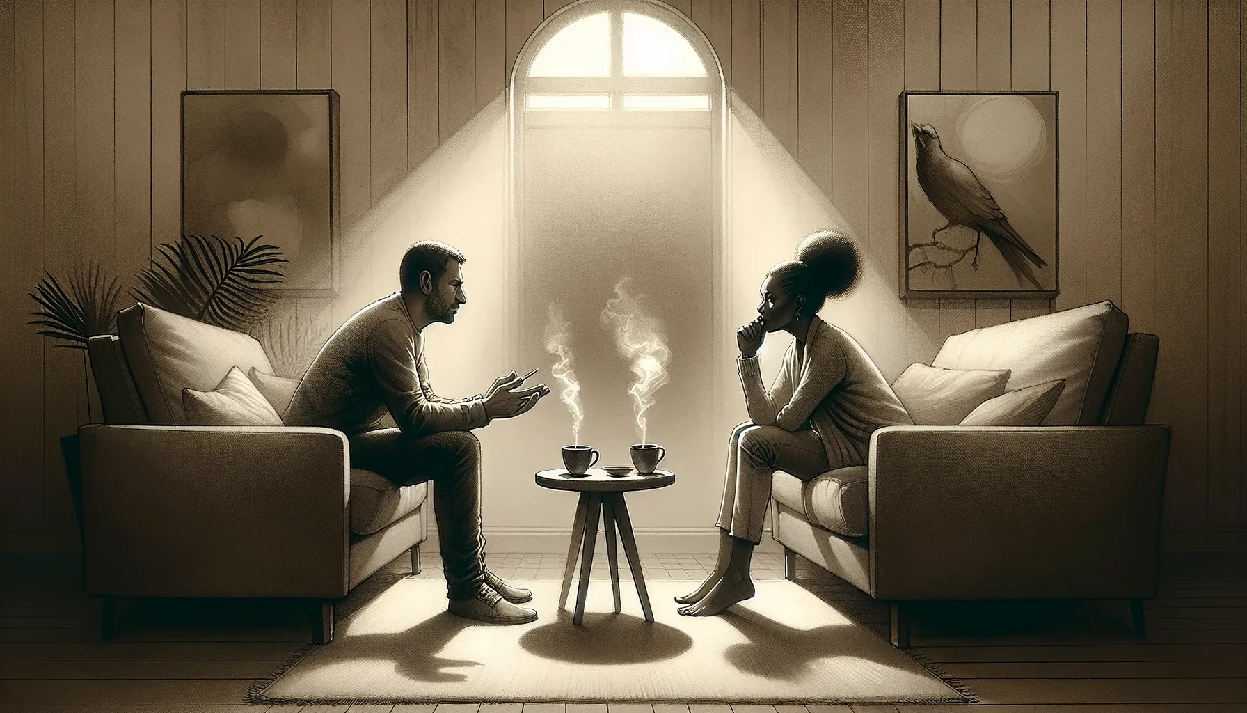 Couple resolving conflict over coffee.