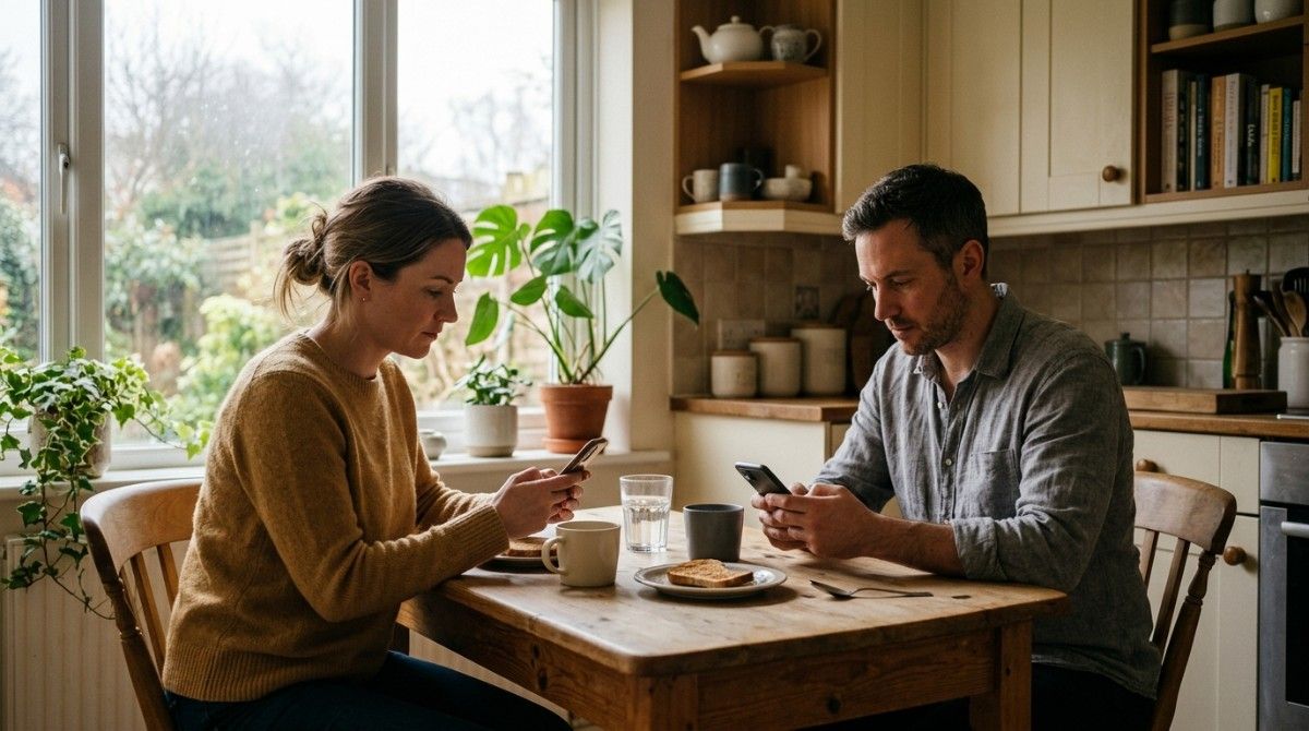 Couple sitting at dining table using phones instead of talking, relationship disconnection concept