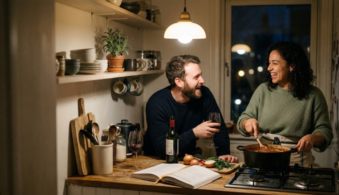 Couple cooking together in kitchen laughing and bonding over shared activity