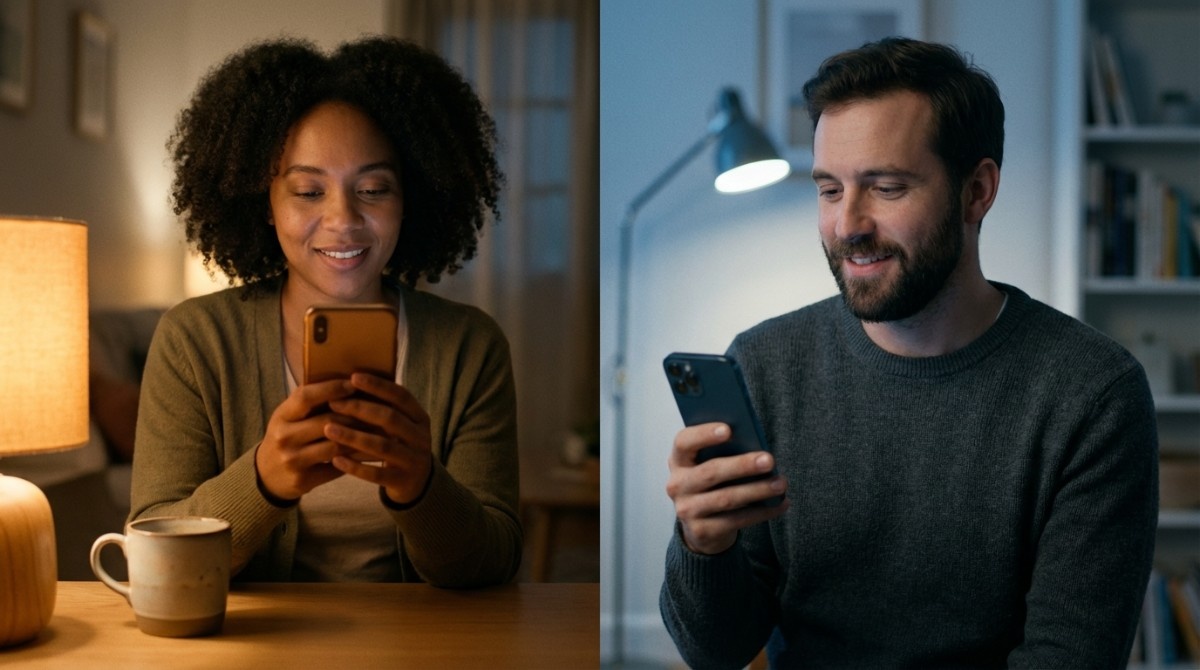 Man and woman smiling while texting each other from different locations