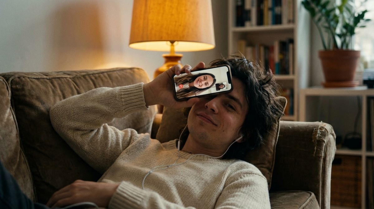 Man lying on couch video calling partner on smartphone with earphones