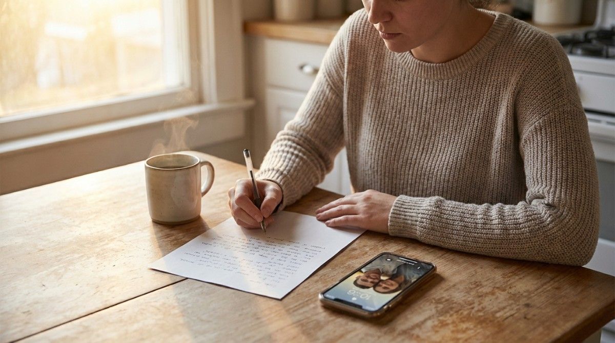 Woman writing handwritten letter with phone showing couple photo beside it