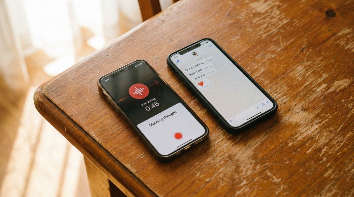 Two smartphones showing voice message recording and romantic text conversation