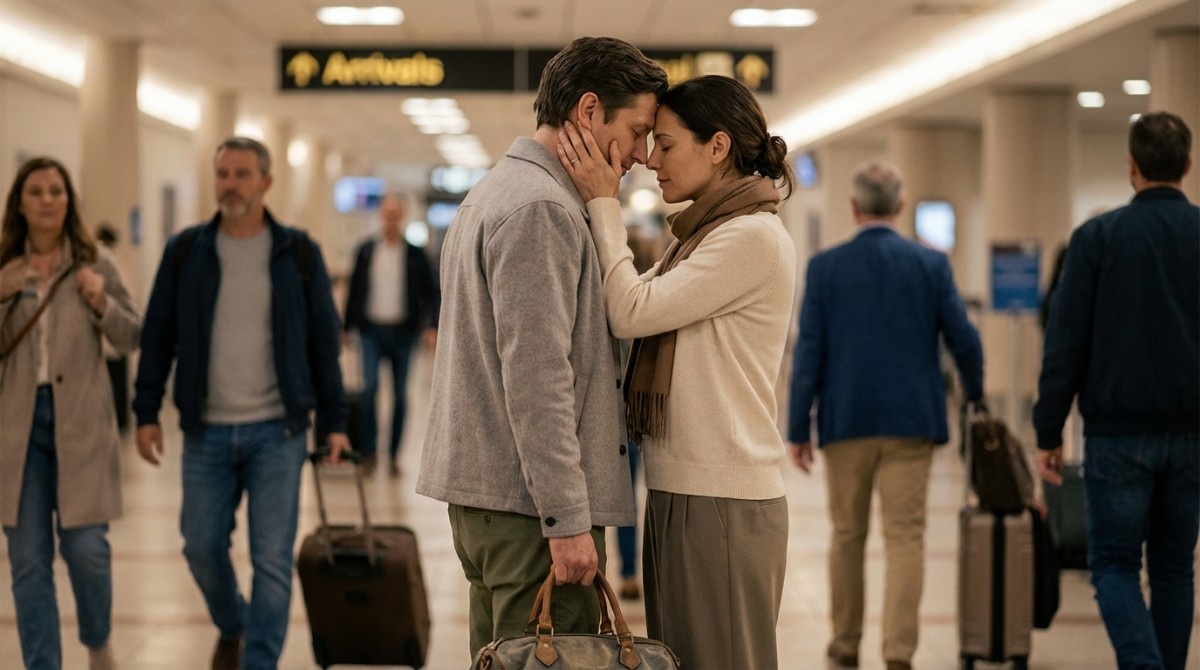 Couple sharing emotional goodbye at airport before long distance separation