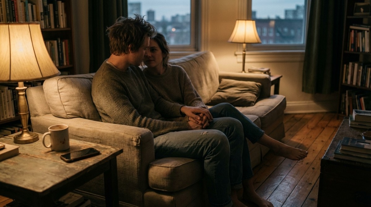 Couple sitting close on a sofa holding hands in a warm-lit living room, expressing emotional connection and vulnerability.
