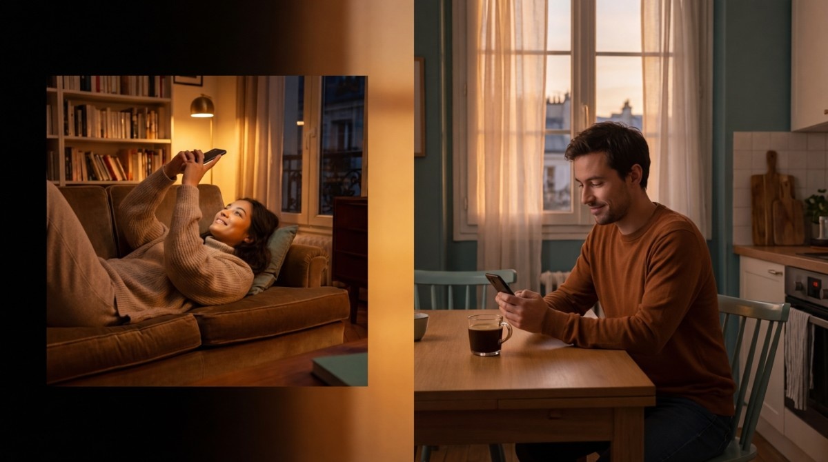 Split-screen of a man and woman in separate homes smiling while texting on their phones in warm indoor lighting