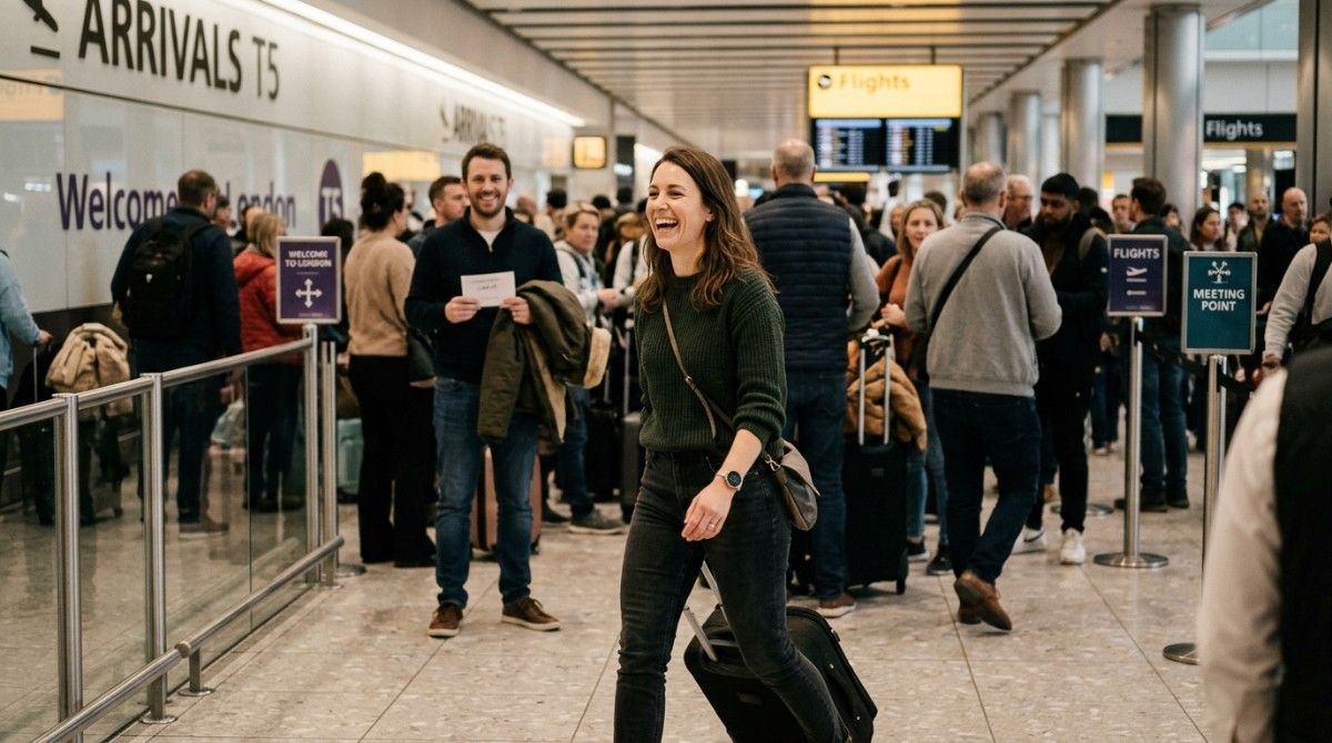 Woman walking through airport arrivals smiling with suitcase, representing reunion after long-distance relationship.