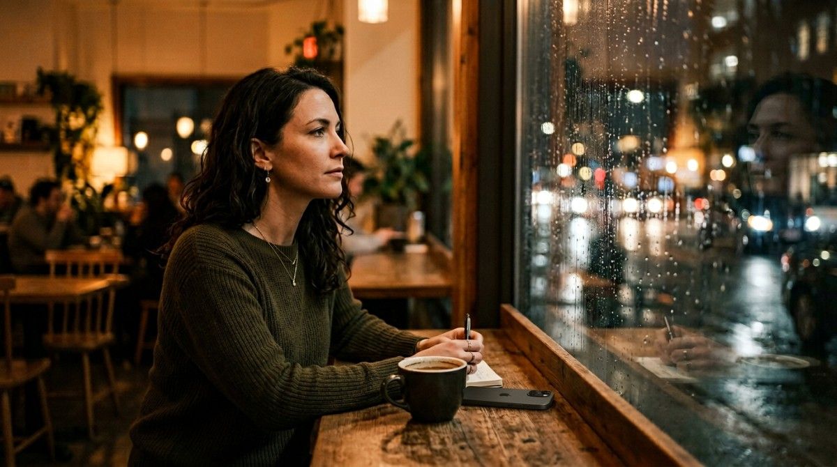 Woman sitting at a café table near a rainy window at night, holding a pen and looking outside with a thoughtful expression.